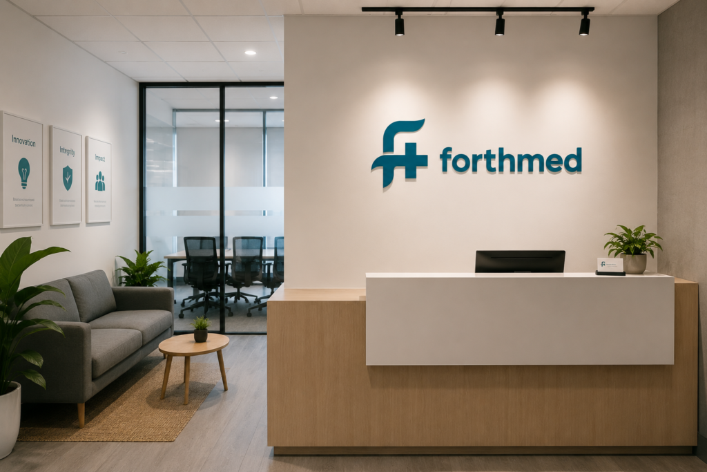 About us ForthMed office reception with logo wall